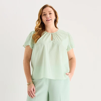Liz Claiborne Womens Plus Keyhole Neck Short Sleeve Blouse