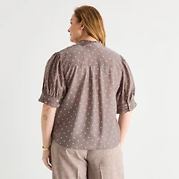 Liz Claiborne Womens Plus Mock Neck Short Sleeve Blouse