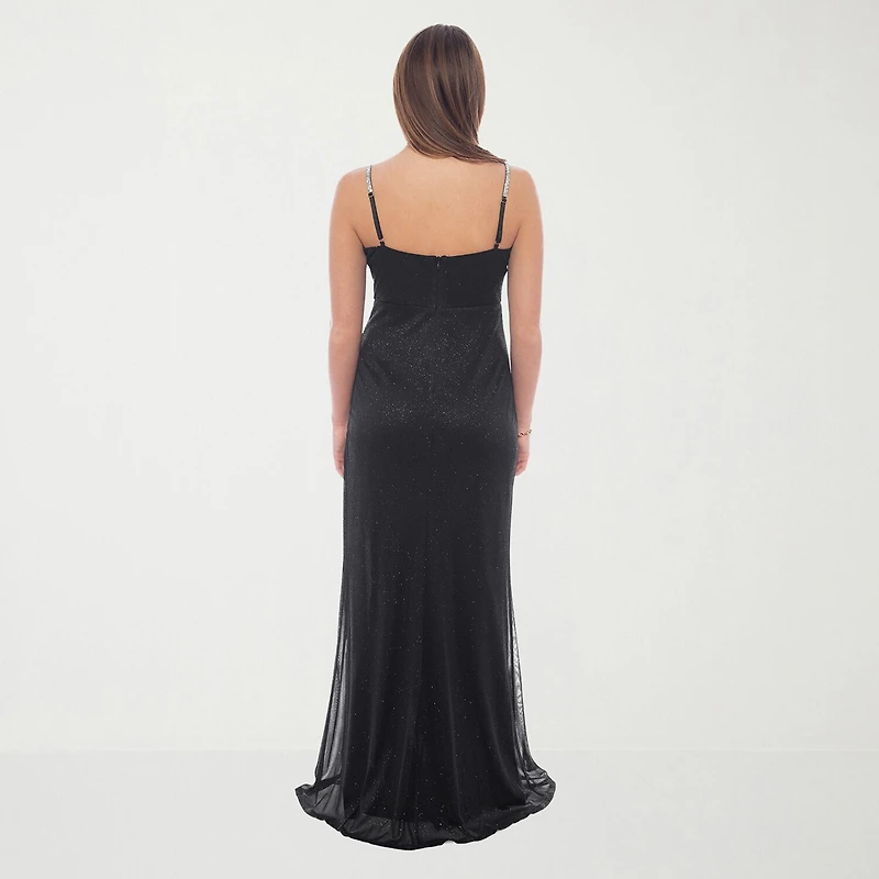 Jump Apparel Womens Juniors Draped Neck Sleeveless Glitter Bodycon Dress