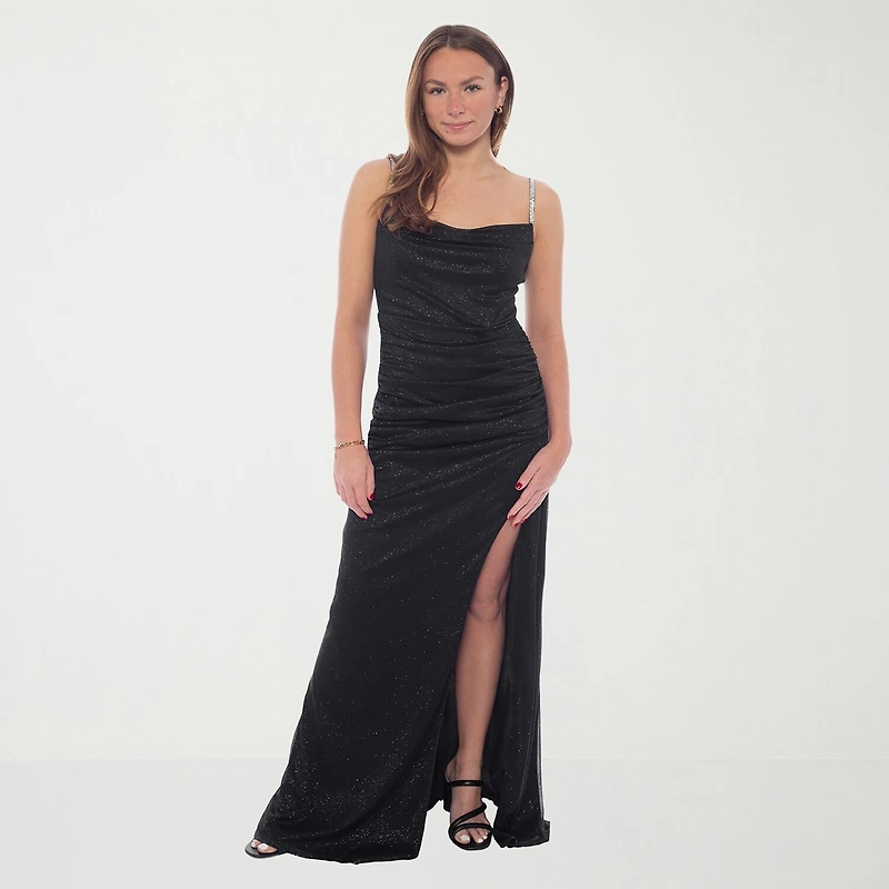 Jump Apparel Womens Juniors Draped Neck Sleeveless Glitter Bodycon Dress