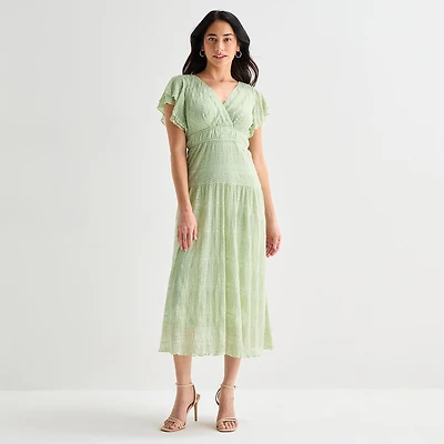 Rabbit Rabbit Rabbit Design Womens Short Sleeve Lace Midi Fit + Flare Dress