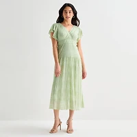 Rabbit Rabbit Rabbit Design Womens Short Sleeve Lace Midi Fit + Flare Dress