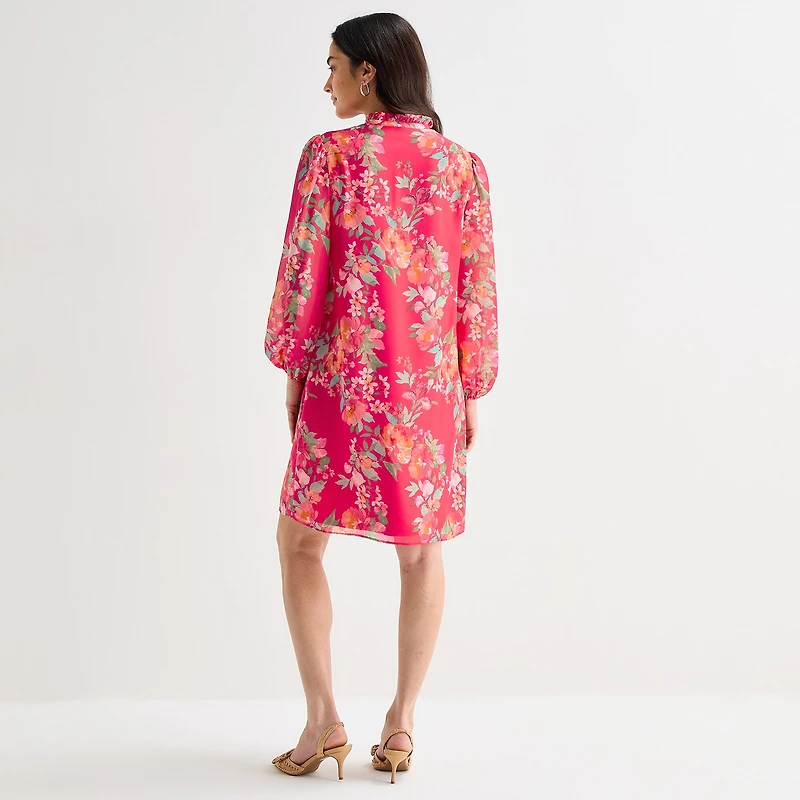 Jessica Howard Womens Split Tie Neck Long Sleeve Floral Shift Dress