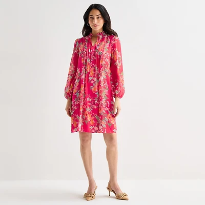Jessica Howard Womens Split Tie Neck Long Sleeve Floral Shift Dress