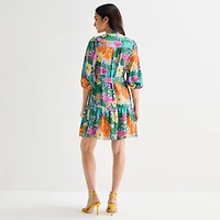 Willow Glenn Womens V Neck 3/4 Sleeve Balloon Floral Fit + Flare Dress