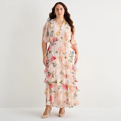 Melonie T Womens Plus V Neck Short Sleeve Flutter Maxi Dress