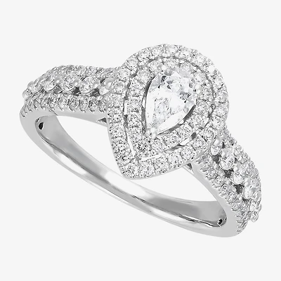 Limited Quantities! (G-I / I1) Womens 1 CT. T.W. Natural White Diamond 14K Gold Pear Side Stone Halo Engagement Ring