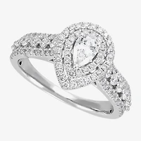 Limited Quantities! (G-I / I1) Womens 1 CT. T.W. Natural White Diamond 14K Gold Pear Side Stone Halo Engagement Ring