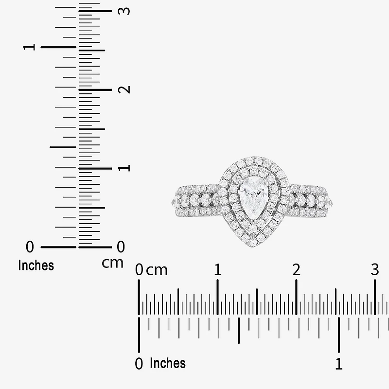 Limited Quantities! (G-I / I1) Womens 1 CT. T.W. Natural White Diamond 14K Gold Pear Side Stone Halo Engagement Ring