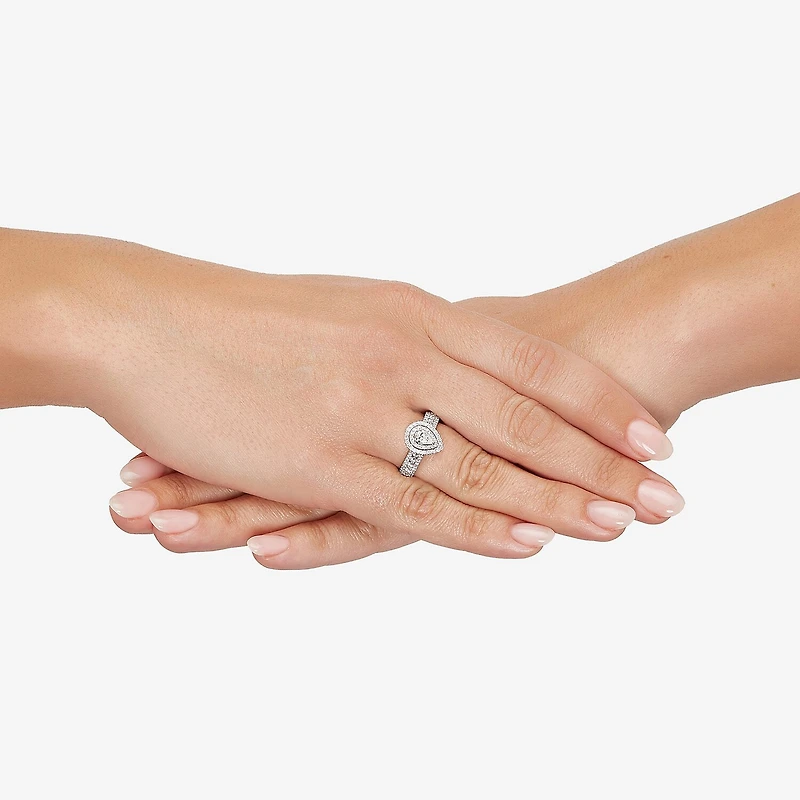 Limited Quantities! (G-I / I1) Womens 1 CT. T.W. Natural White Diamond 14K Gold Pear Side Stone Halo Engagement Ring