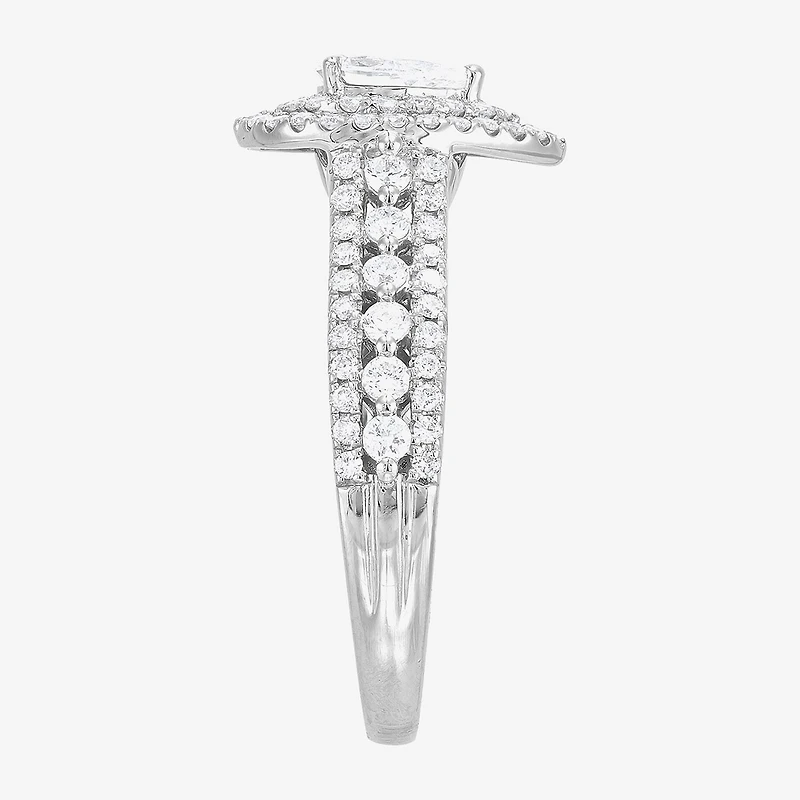 Limited Quantities! (G-I / I1) Womens 1 CT. T.W. Natural White Diamond 14K Gold Pear Side Stone Halo Engagement Ring