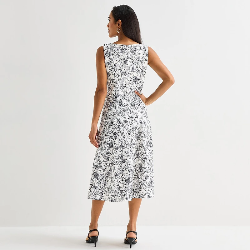 Marc New York Womens Midi Round Neck Sleeveless Floral Fit + Flare Dress