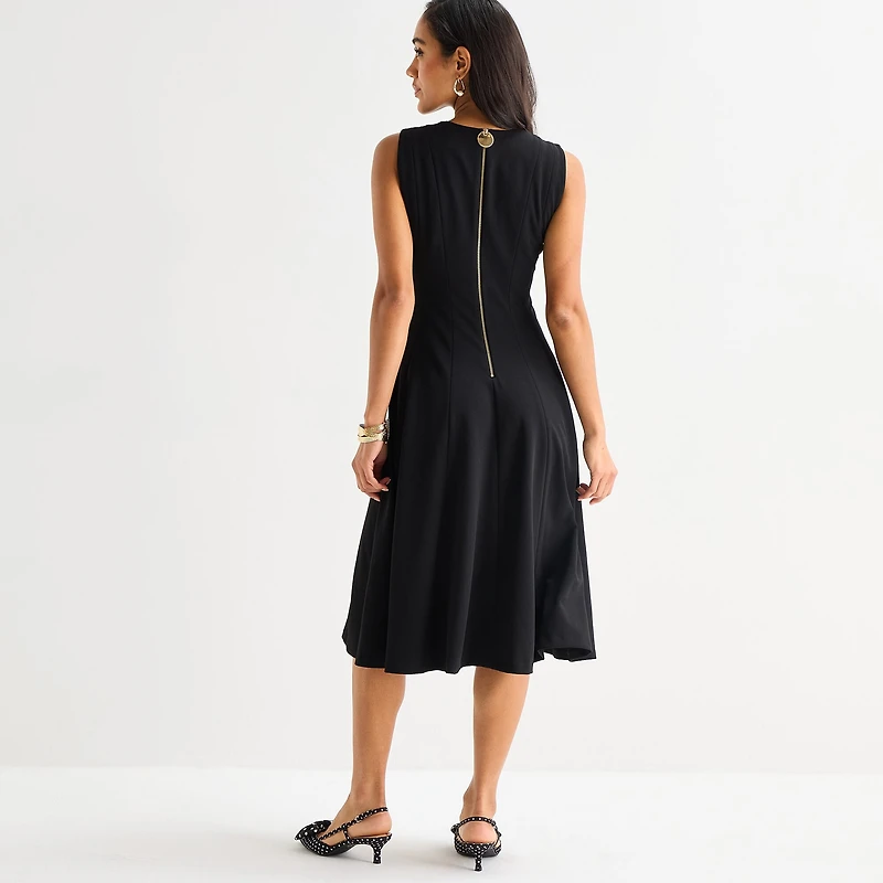 Marc New York Womens Midi V Neck Sleeveless Fit + Flare Dress