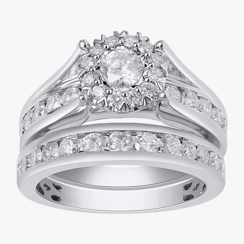 (G, Si2) Womens 2 CT. T.W. Lab Grown White Diamond 10K Gold Round Side Stone Halo Bridal Set