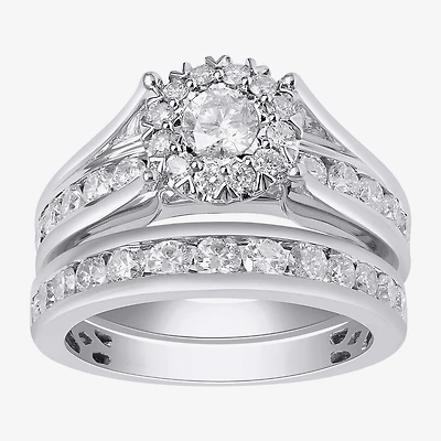 (G, Si2) Womens 2 CT. T.W. Lab Grown White Diamond 10K Gold Round Side Stone Halo Bridal Set