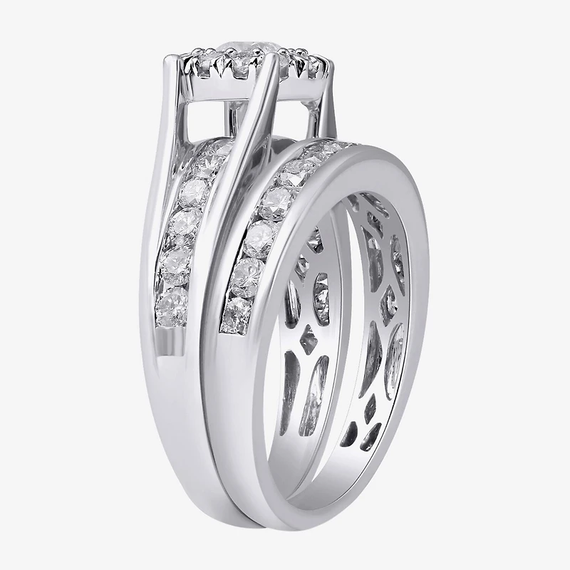 (G, Si2) Womens 2 CT. T.W. Lab Grown White Diamond 10K Gold Round Side Stone Halo Bridal Set
