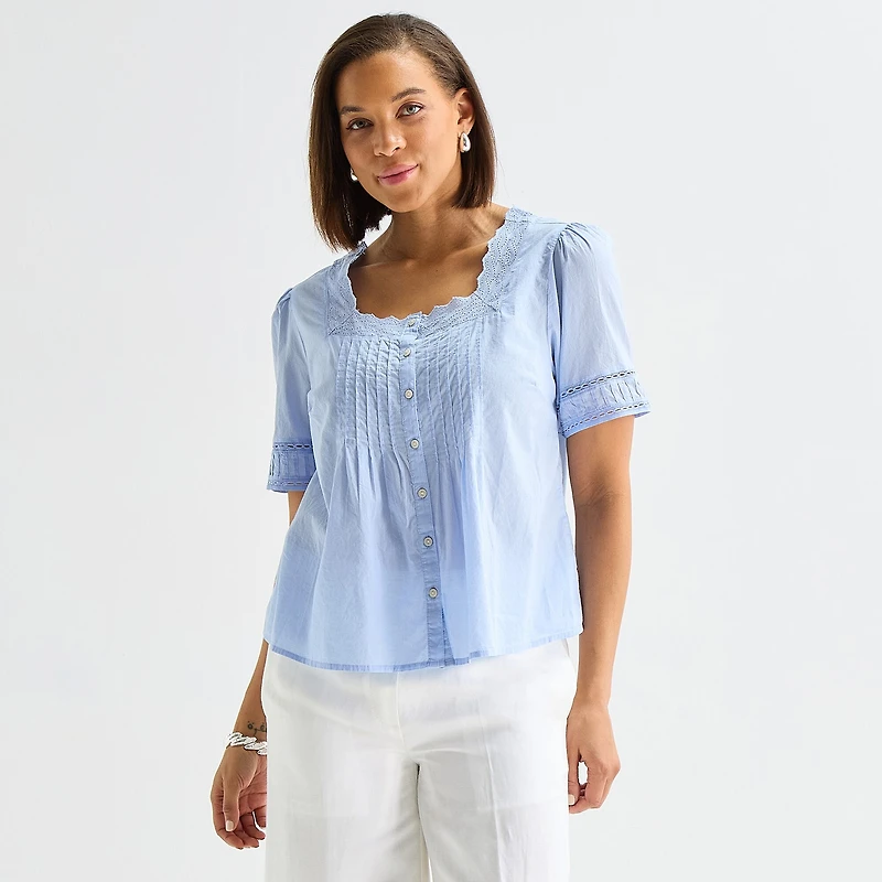 Liz Claiborne Womens Square Neck Short Sleeve Blouse