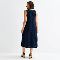 Liz Claiborne Womens Midi Split Crew Neck Sleeveless Embroidered Shift Dress
