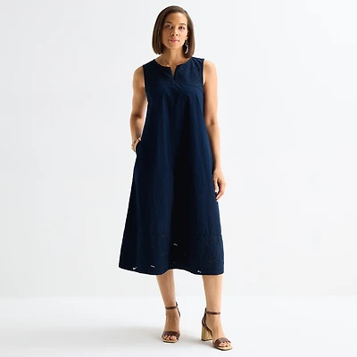 Liz Claiborne Womens Midi Split Crew Neck Sleeveless Embroidered Shift Dress