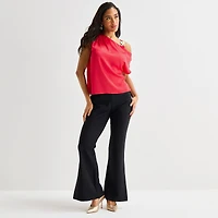 Bold Elements Womens Asymmetrical Neck Short Sleeve Satin Blouse