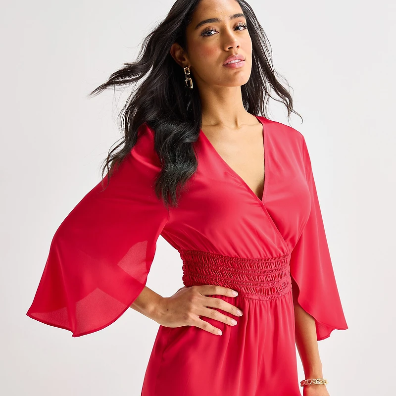 Bold Elements Womens V Neck Elbow Sleeve Satin Jumpsuit