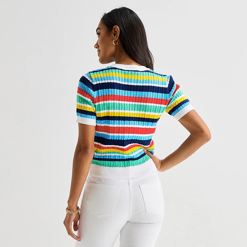 St. John's Bay Womens Crew Neck Short Sleeve Striped Cable Knit Pullover Sweater