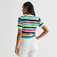St. John's Bay Womens Crew Neck Short Sleeve Striped Cable Knit Pullover Sweater
