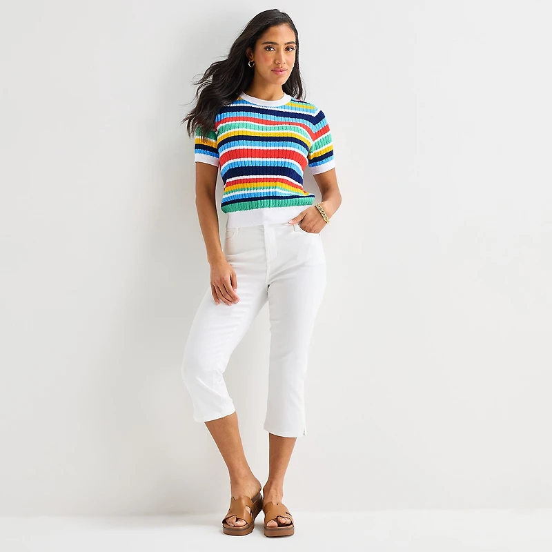 St. John's Bay Womens Crew Neck Short Sleeve Striped Cable Knit Pullover Sweater