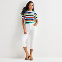 St. John's Bay Womens Crew Neck Short Sleeve Striped Cable Knit Pullover Sweater