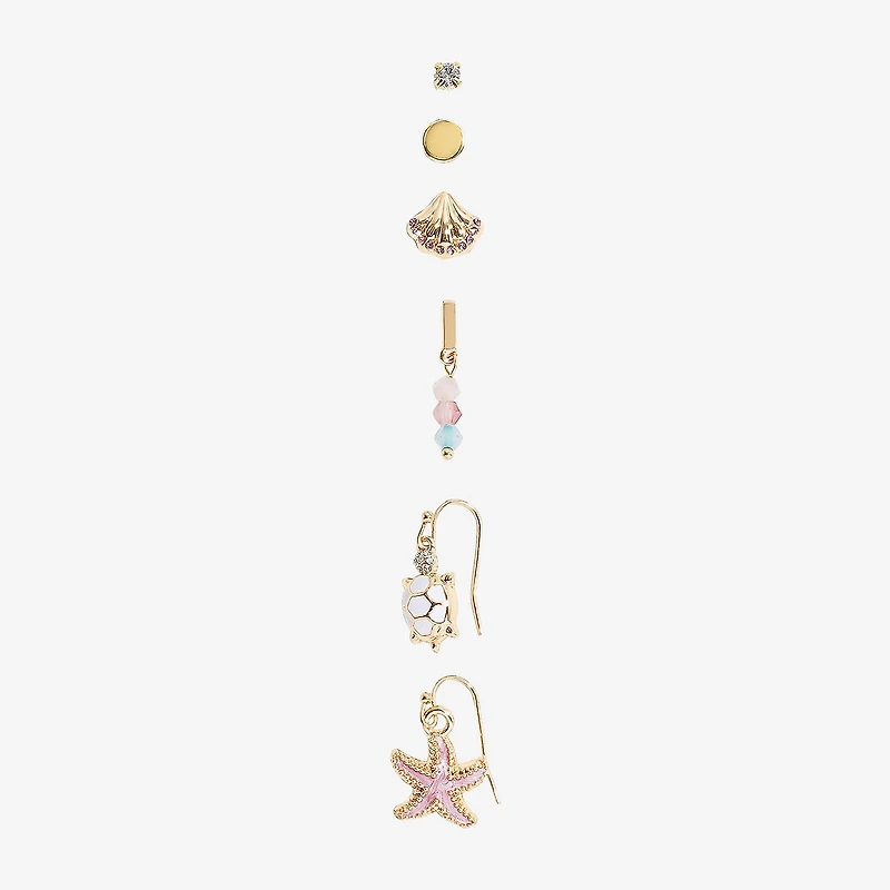 Arizona Gold Tone Starfish Turtle Womens 6 Pair Earring Set
