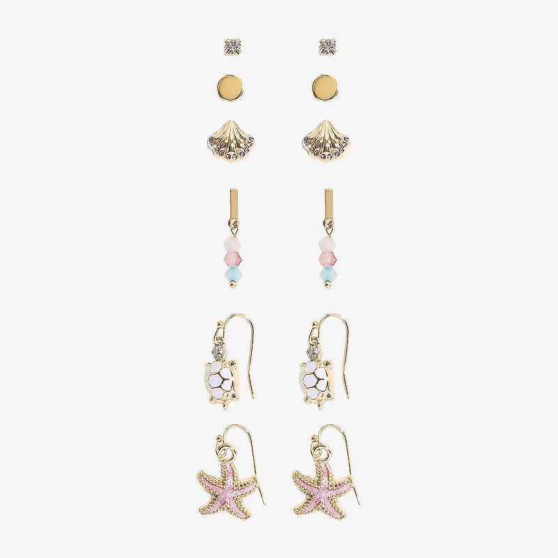Arizona Gold Tone Starfish Turtle Womens 6 Pair Earring Set