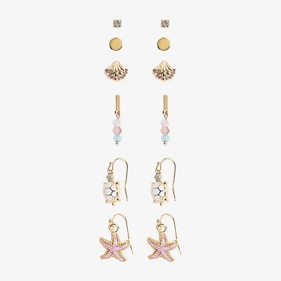 Arizona Gold Tone Starfish Turtle Womens 6 Pair Earring Set