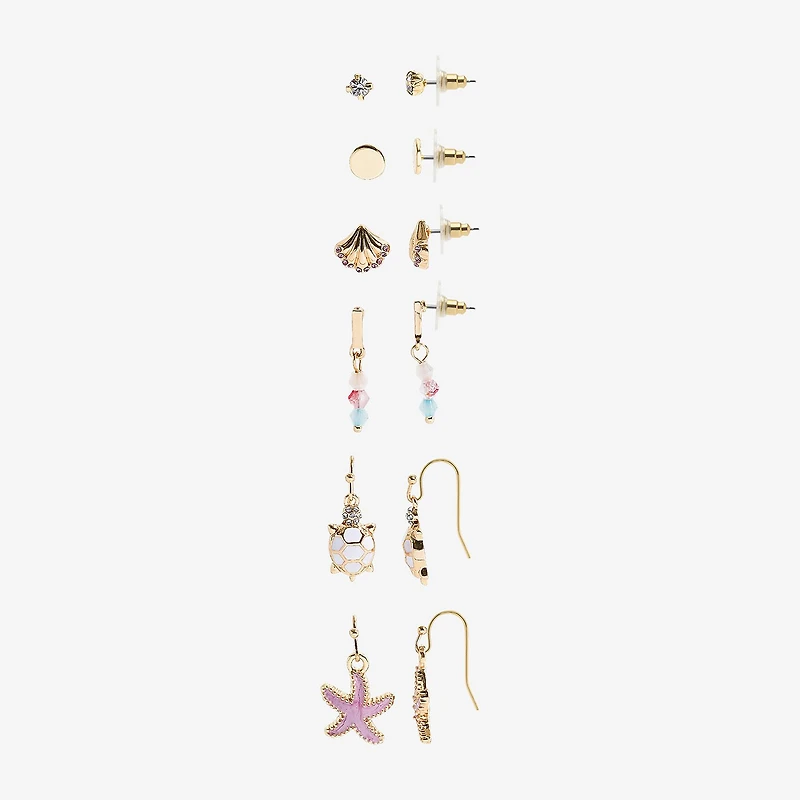 Arizona Gold Tone Starfish Turtle Womens 6 Pair Earring Set