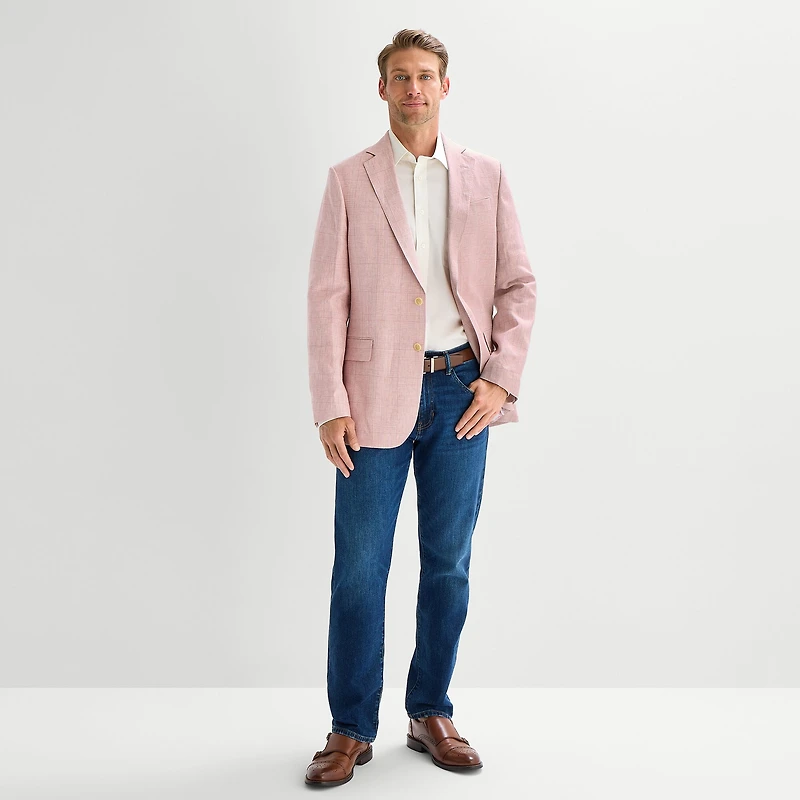 Stafford Linen Cotton Blend Mens Plaid Classic Fit Sport Coat