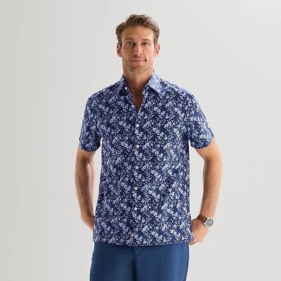 Stafford Tonal Floral Mens Short Sleeve Regular Fit Button-Down Shirt
