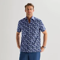 Stafford Tonal Floral Mens Short Sleeve Regular Fit Button-Down Shirt