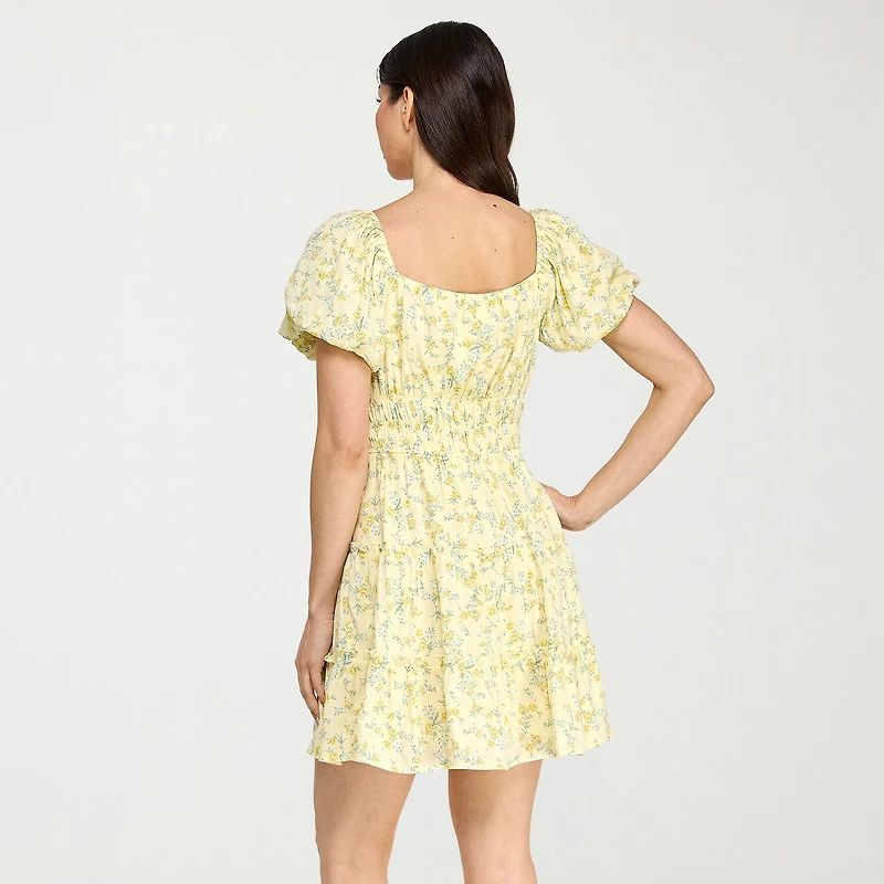 Trixxi Womens Juniors Square Neck Short Sleeve Puffed Floral Fit + Flare Dress