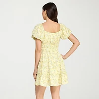 Trixxi Womens Juniors Square Neck Short Sleeve Puffed Floral Fit + Flare Dress