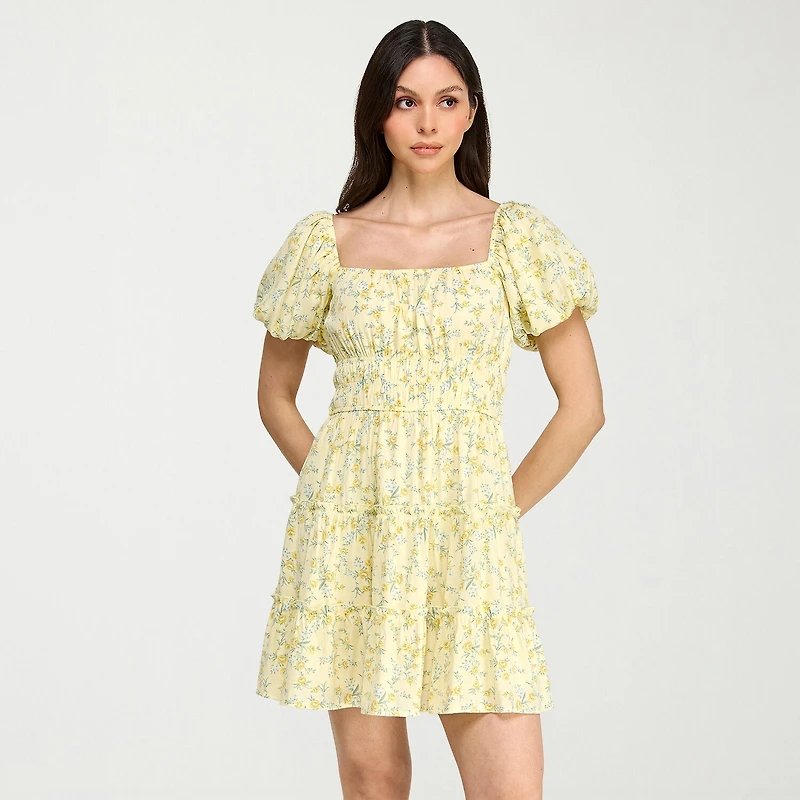 Trixxi Womens Juniors Square Neck Short Sleeve Puffed Floral Fit + Flare Dress