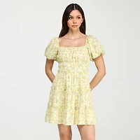 Trixxi Womens Juniors Square Neck Short Sleeve Puffed Floral Fit + Flare Dress