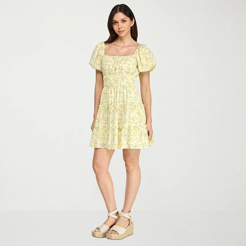 Trixxi Womens Juniors Square Neck Short Sleeve Puffed Floral Fit + Flare Dress