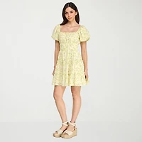 Trixxi Womens Juniors Square Neck Short Sleeve Puffed Floral Fit + Flare Dress