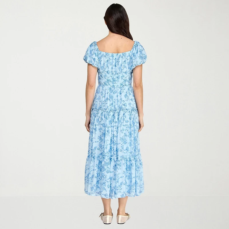 Trixxi Womens Juniors Midi Square Neck Short Sleeve Floral A-Line Dress