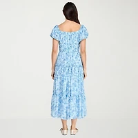 Trixxi Womens Juniors Midi Square Neck Short Sleeve Floral A-Line Dress