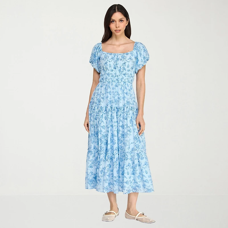 Trixxi Womens Juniors Midi Square Neck Short Sleeve Floral A-Line Dress