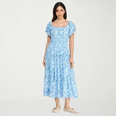 Trixxi Womens Juniors Midi Square Neck Short Sleeve Floral A-Line Dress
