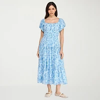 Trixxi Womens Juniors Midi Square Neck Short Sleeve Floral A-Line Dress