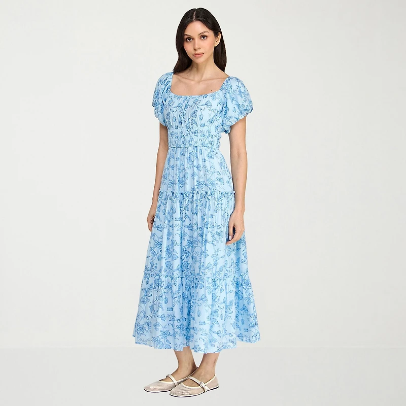 Trixxi Womens Juniors Midi Square Neck Short Sleeve Floral A-Line Dress