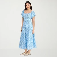 Trixxi Womens Juniors Midi Square Neck Short Sleeve Floral A-Line Dress