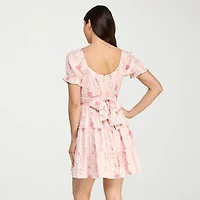 Trixxi Womens Juniors Square Neck Short Sleeve Puffed Floral Fit + Flare Dress